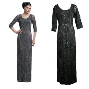 Sue Wong 3/4 Sleeve Beaded & Embroidered Floor Length Formal Cocktail Dress Sz 0